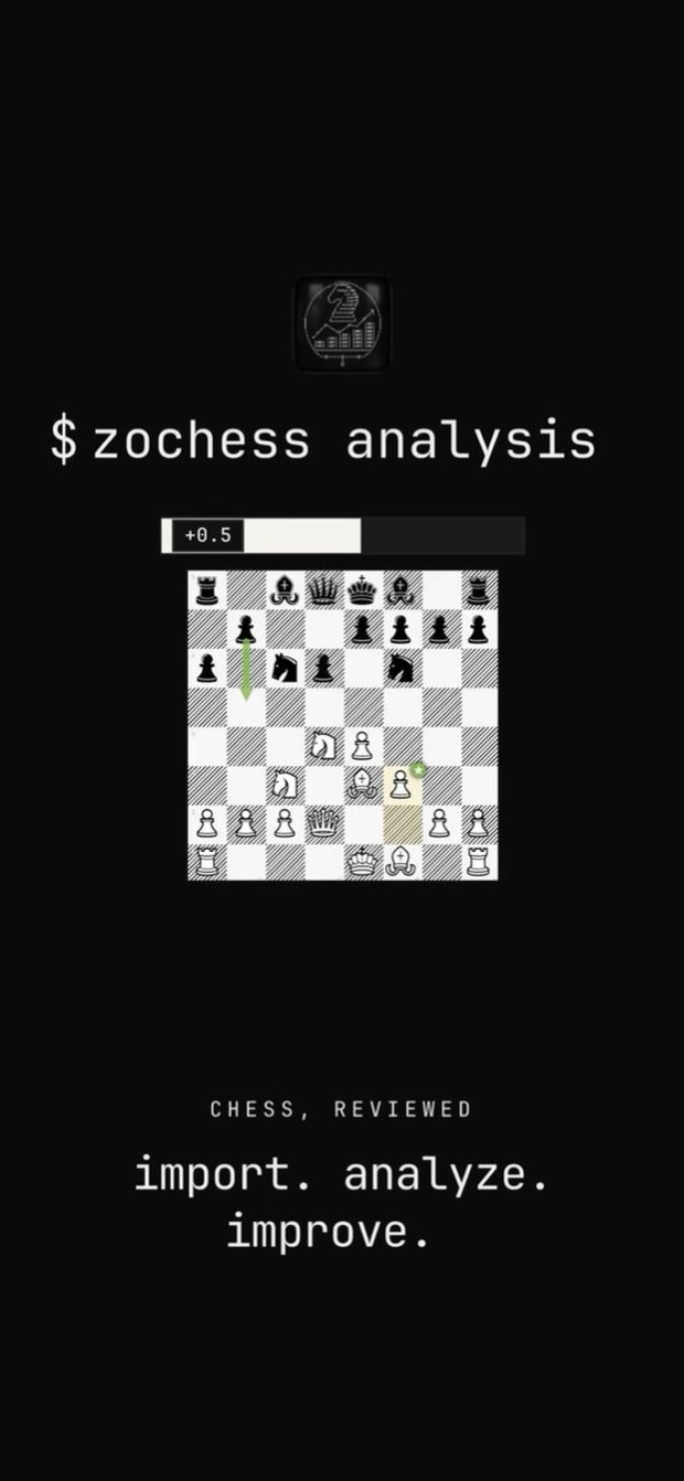 the analysis board with an evaluation bar and the tagline import, analyze, improve