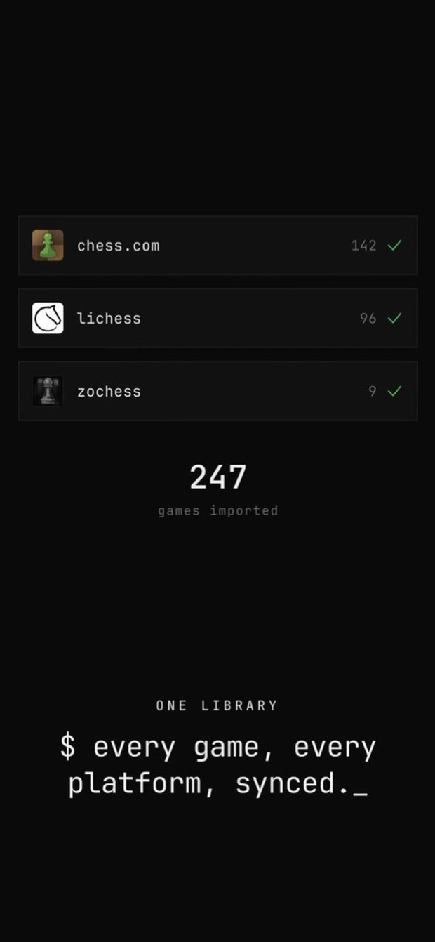 a synced library showing games imported from chess.com, lichess and zochess